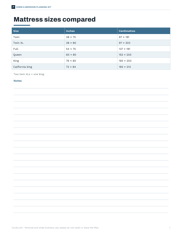 Preview of Printable Twin XL Size Chart